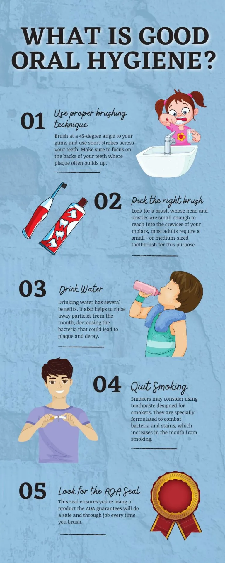 Infographic titled What Is Good Oral Hygiene, listing five steps: use the right brushing technique, choose the right toothbrush, drink water, quit smoking, and see a dentist regularly