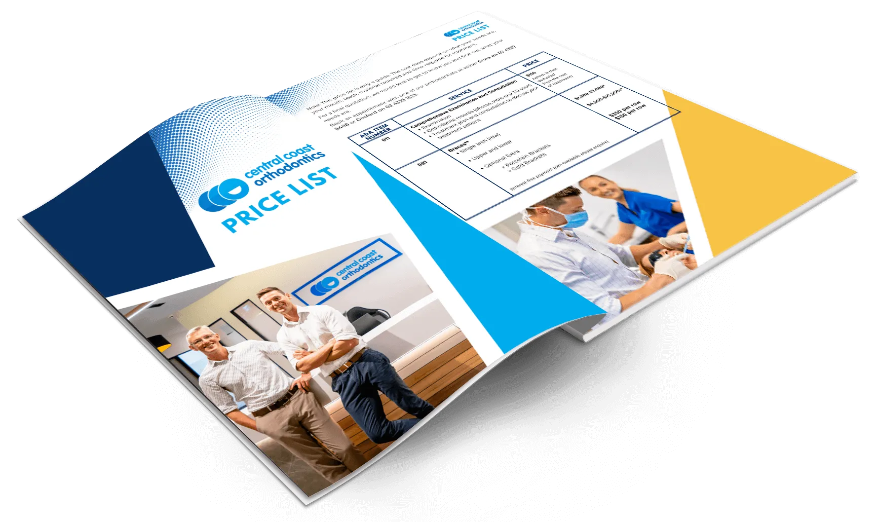 The Central Coast Orthodontics price list booklet, opened to the fee table