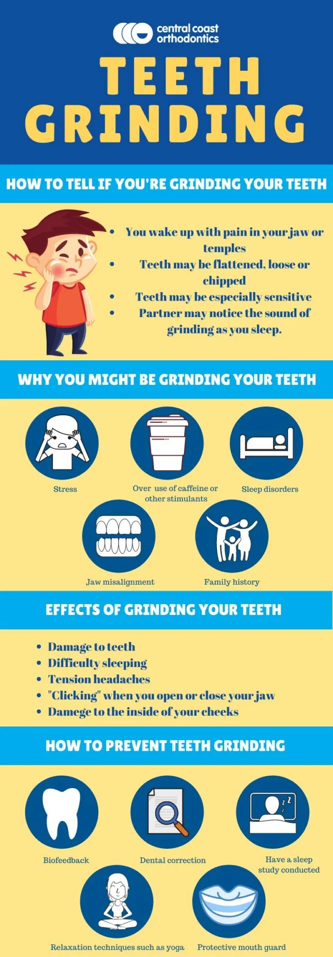 Infographic titled Teeth Grinding, covering how to tell if you grind your teeth, why it happens, its effects and how to prevent it