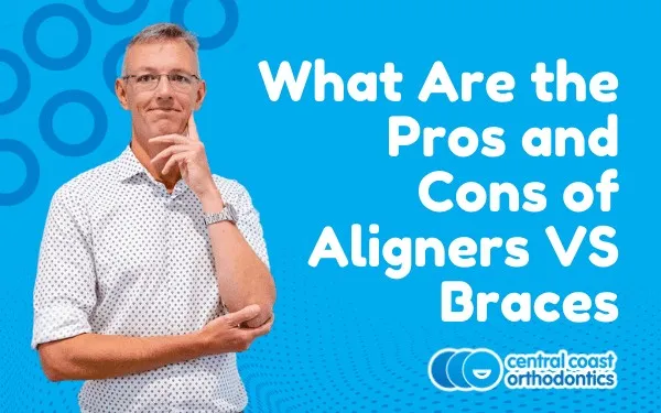 Banner reading What Are the Pros and Cons of Aligners Versus Braces, with an orthodontist thinking