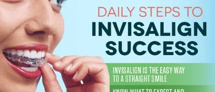 Banner reading Daily Steps to Invisalign Success, over a person fitting a clear aligner