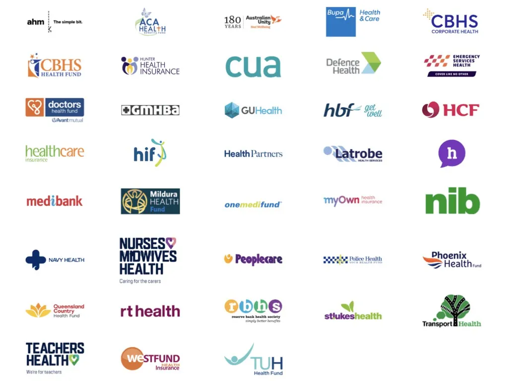 Logos of around forty Australian private health funds that cover orthodontic treatment