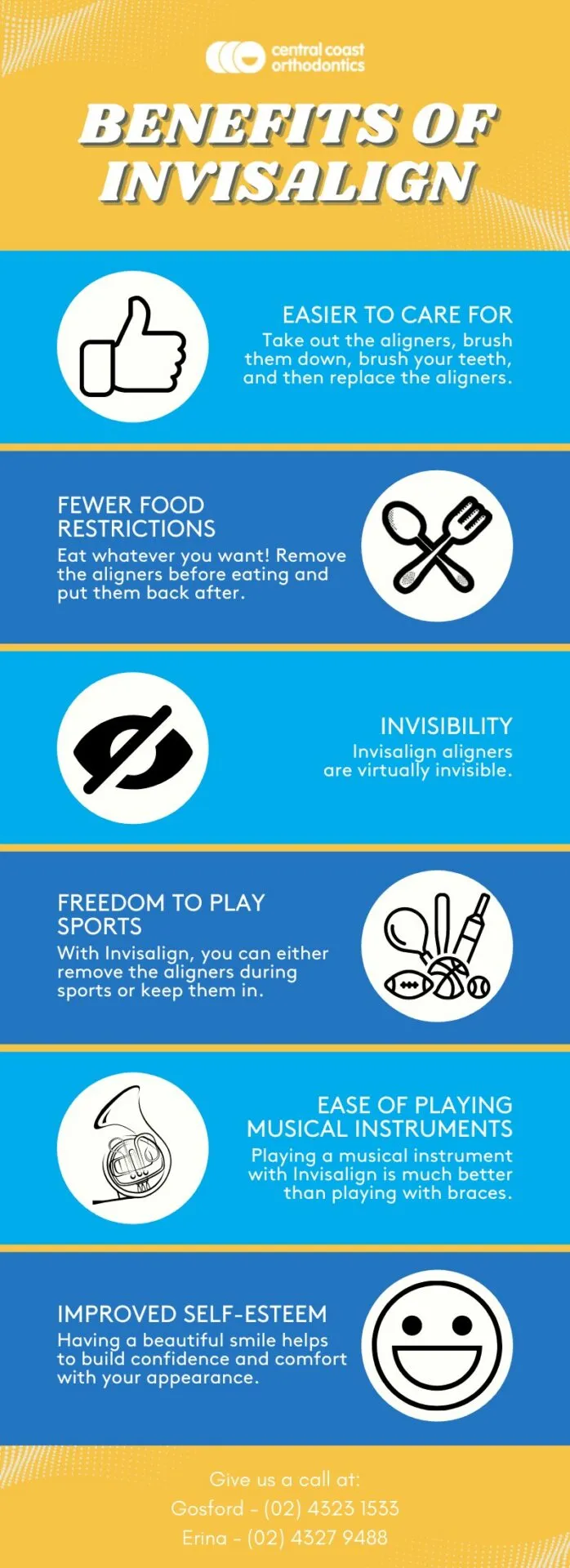 Infographic titled Benefits of Invisalign, listing easy care, fewer food restrictions, near invisibility, freedom to play sport, ease of playing musical instruments, and improved self-esteem