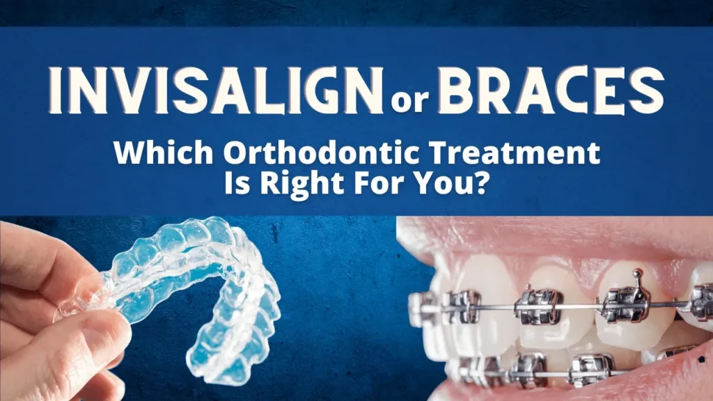 Banner reading Invisalign or Braces, which orthodontic treatment is right for you, over a clear aligner and braces