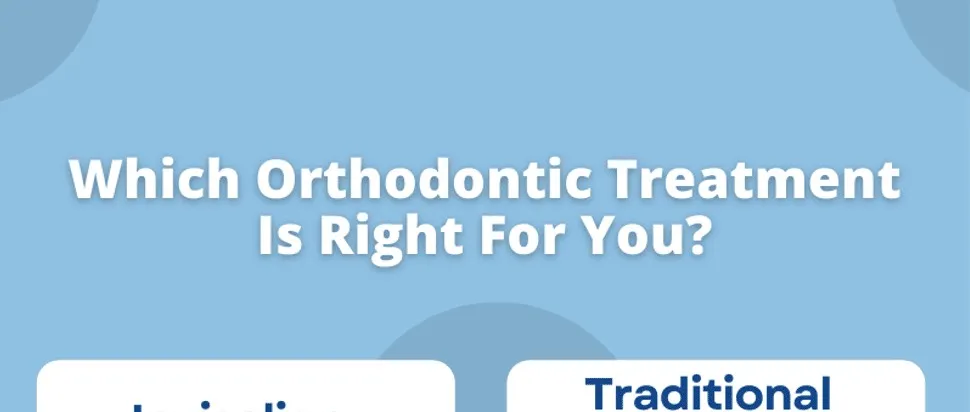 Banner reading Which Orthodontic Treatment Is Right For You, comparing Invisalign and traditional braces