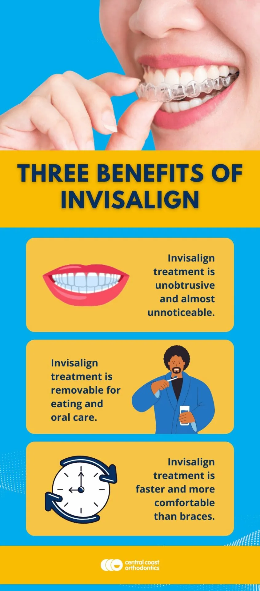 Infographic titled Three Benefits of Invisalign: it is less noticeable, removable for eating and cleaning, and more comfortable than braces