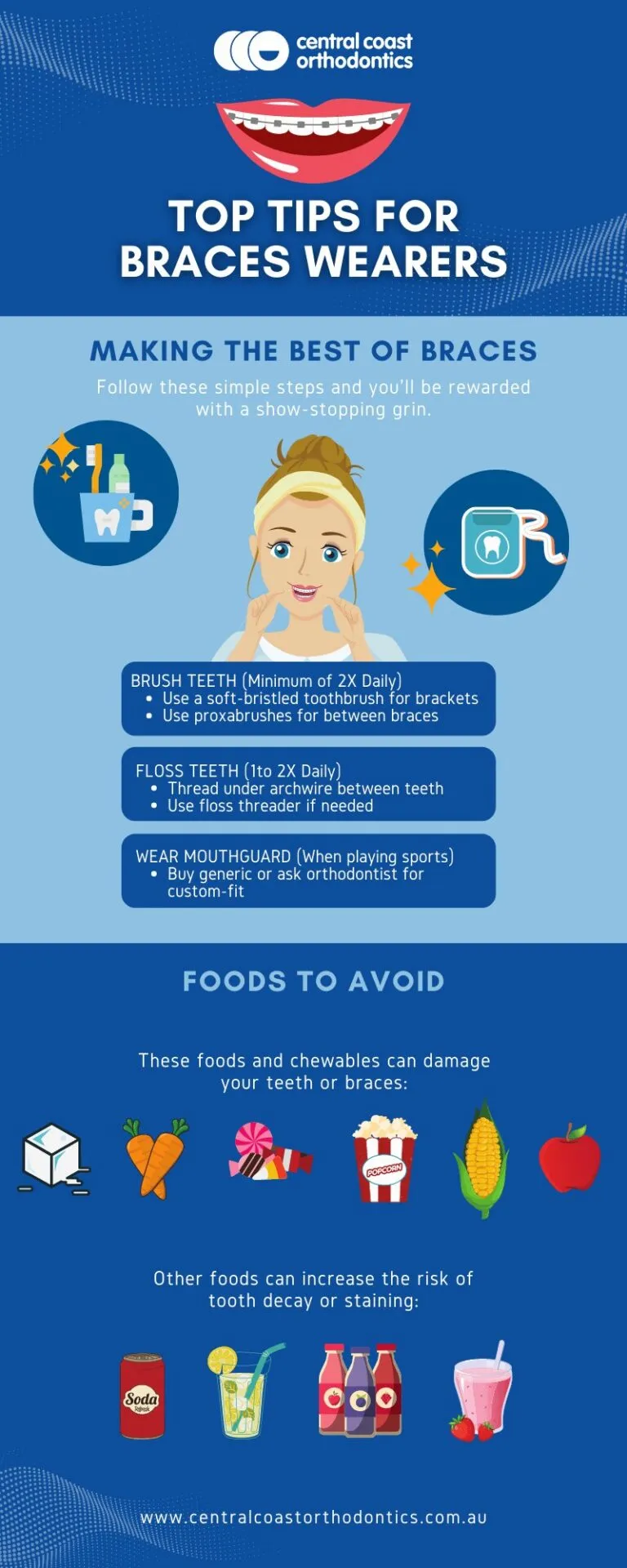 Infographic titled Top Tips for Braces Wearers, covering making the best of braces and the foods to avoid
