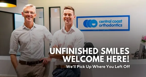 Banner reading Unfinished Smiles Welcome Here, we'll pick up where you left off, with the two orthodontists