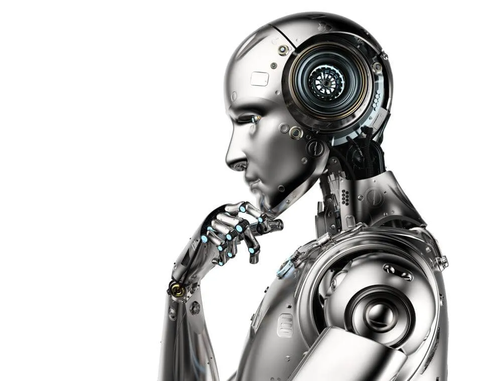Illustration of a humanoid robot resting its chin on its hand in a thinking pose