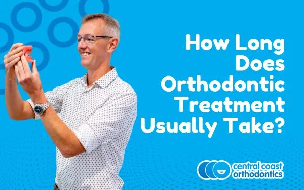 Banner reading How Long Does Orthodontic Treatment Usually Take, with an orthodontist holding a model of teeth