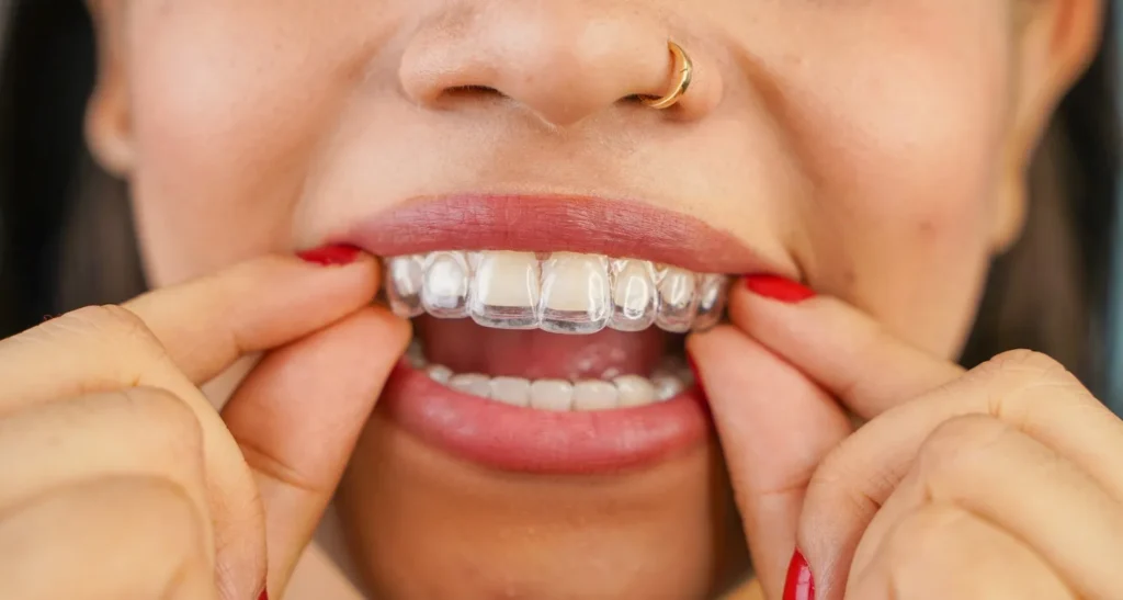 Close-up of a person fitting a clear aligner over their upper teeth
